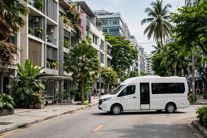 商务接送车辆行驶在东南亚现代城市街道
